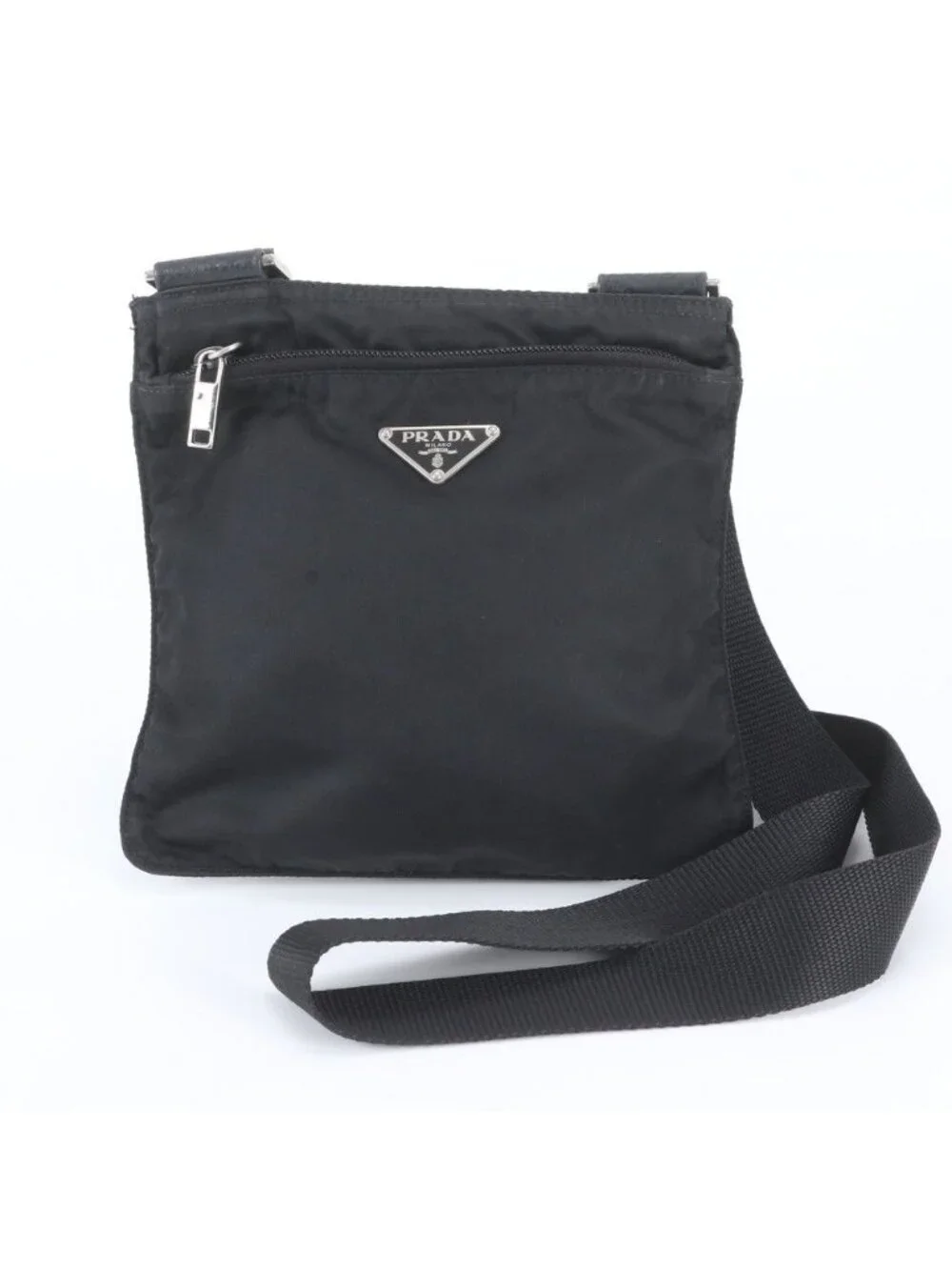 Prada Tessuto Nylon Triangle Logo Leather Shoulder Bag Crossbody Black